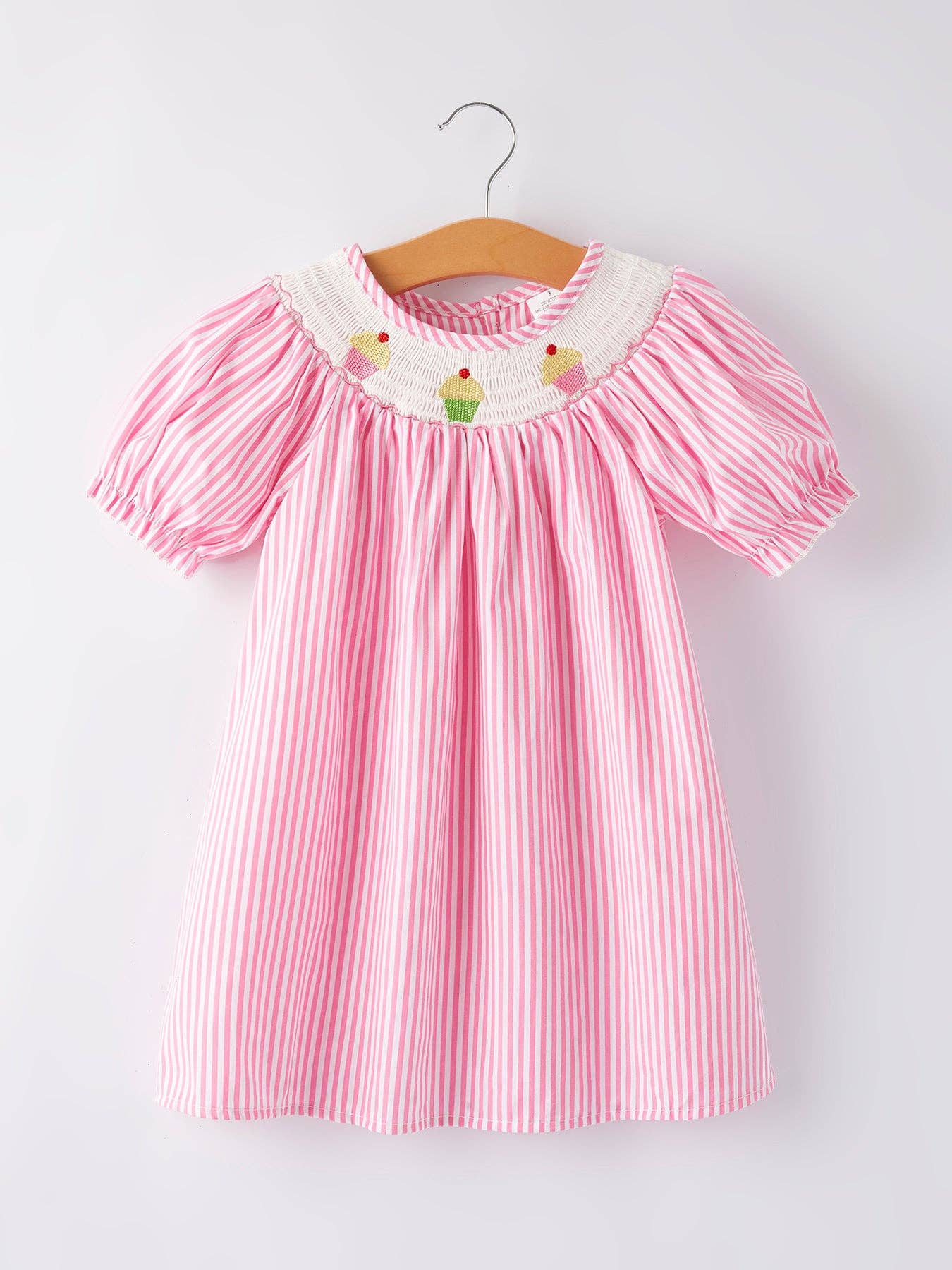 Girls Striped Smocking Embroidered Pink