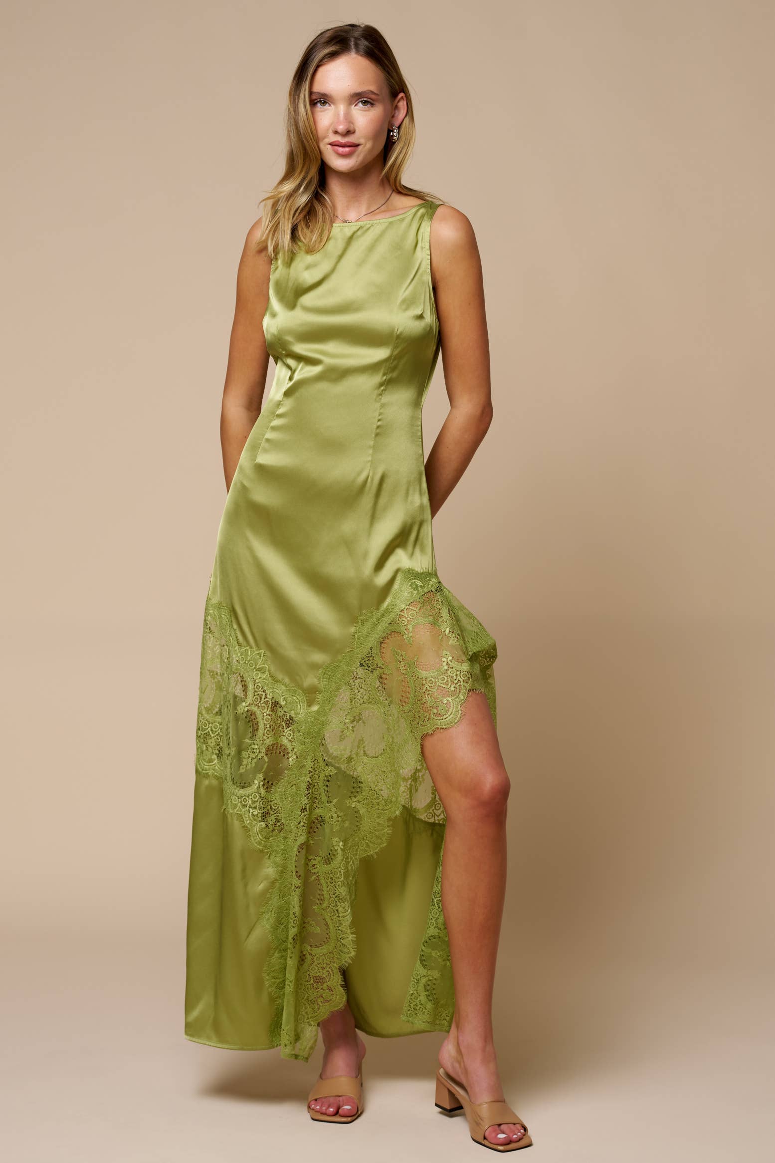 Green Lace Trim Slit Maxi Dress