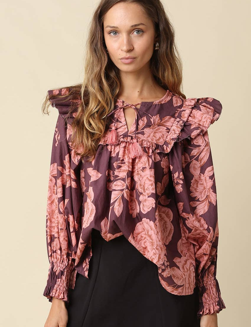 Purple & Pink Floral Print Ruffle Blouse — floral and balloon sleeves