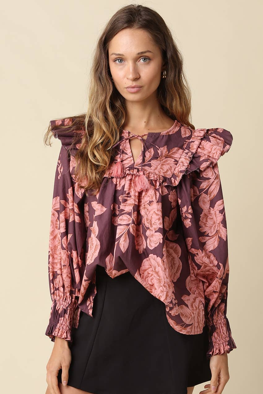 Purple &amp; Pink Floral Print Ruffle Blouse — floral and balloon sleeves