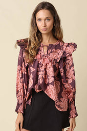 Purple & Pink Floral Print Ruffle Blouse — floral and balloon sleeves