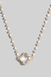 Faceted Clover Pendant Pearl Beaded Necklace
