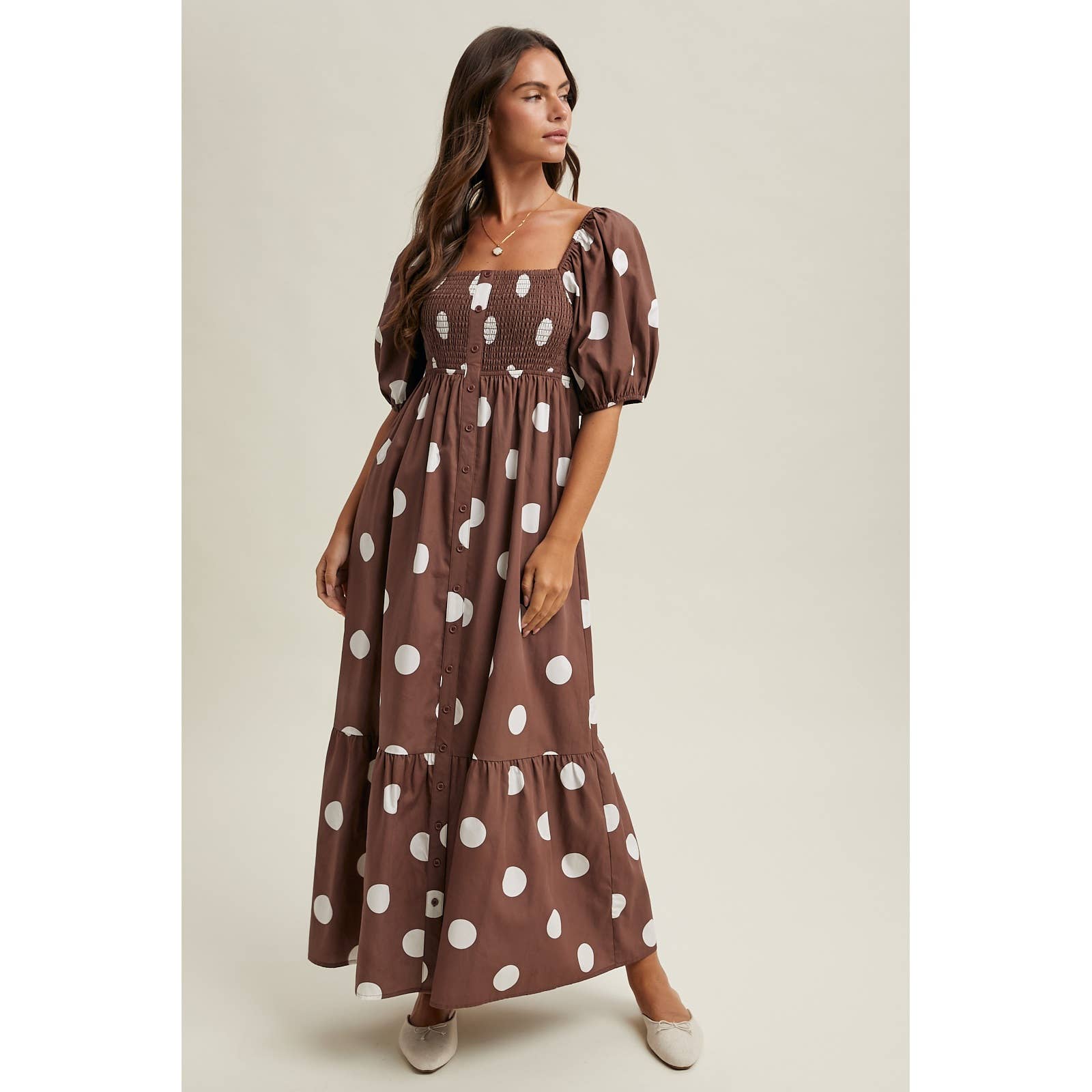 Brown Polka Dot Puff Sleeve Dress