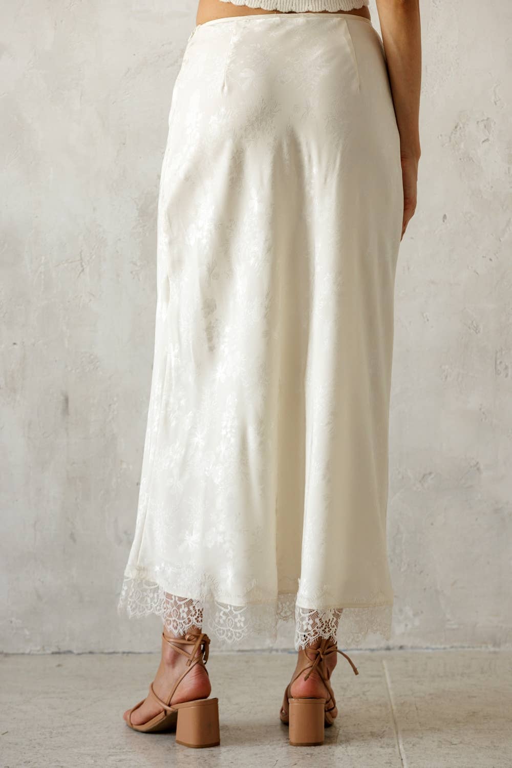 Ivory Satin Lace Trim Midi Skirt