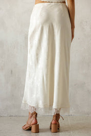 Ivory Satin Lace Trim Midi Skirt