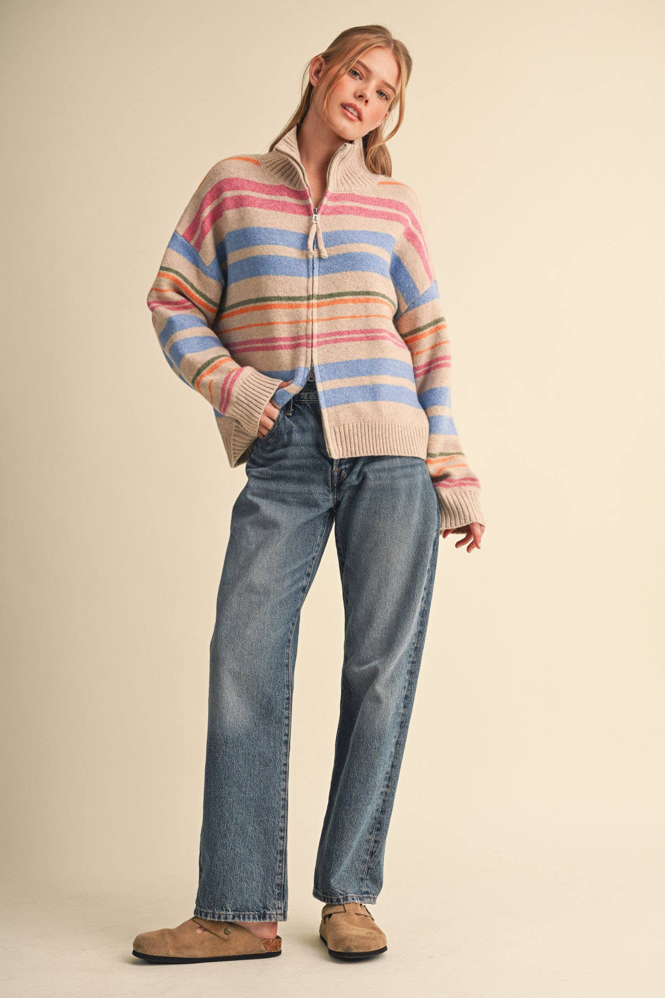 Cream Striped Mock Neck Zip Up Cardigan