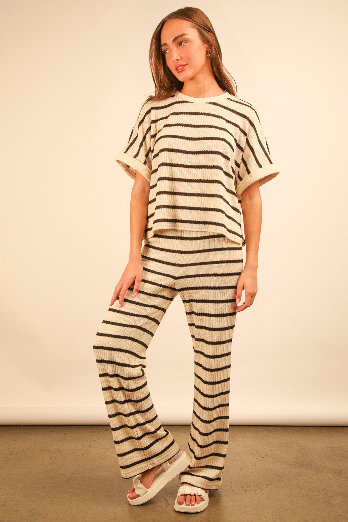 Cream Striped Top & Pants Set
