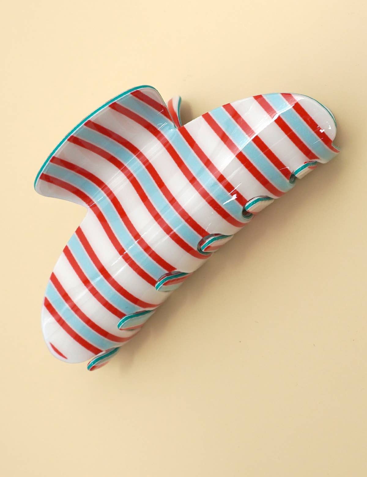 Stripe Hair Claw Clip — color: white with red and light blue horizontal stripes and 4" wide x 2.5" high (10 x 6.5 cm)
