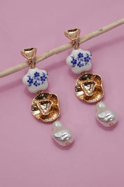 BLUE CERAMIC PORCELAIN  GOLD PEARL DROP EARRINGS