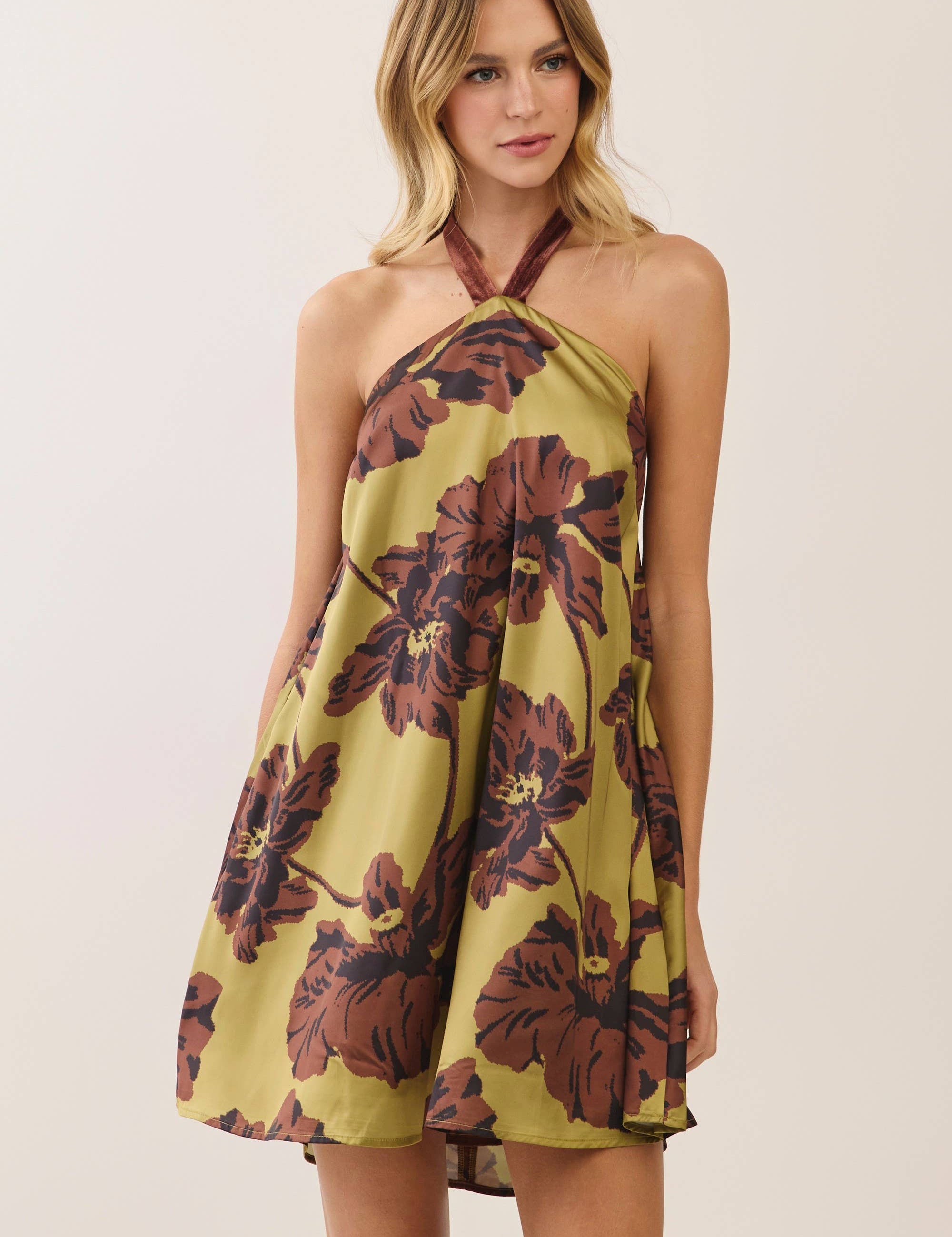 Olive Floral Velvet Halter Mini Dress