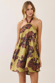 Olive Floral Velvet Halter Mini Dress