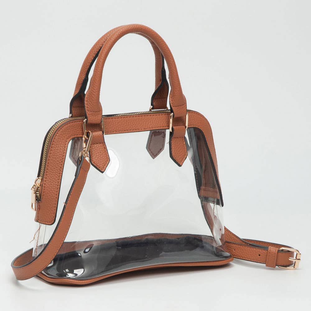 Faux Leather Trim Transparent Structured Top Handle Handbag / Crossbody Bag: Clear,Navy