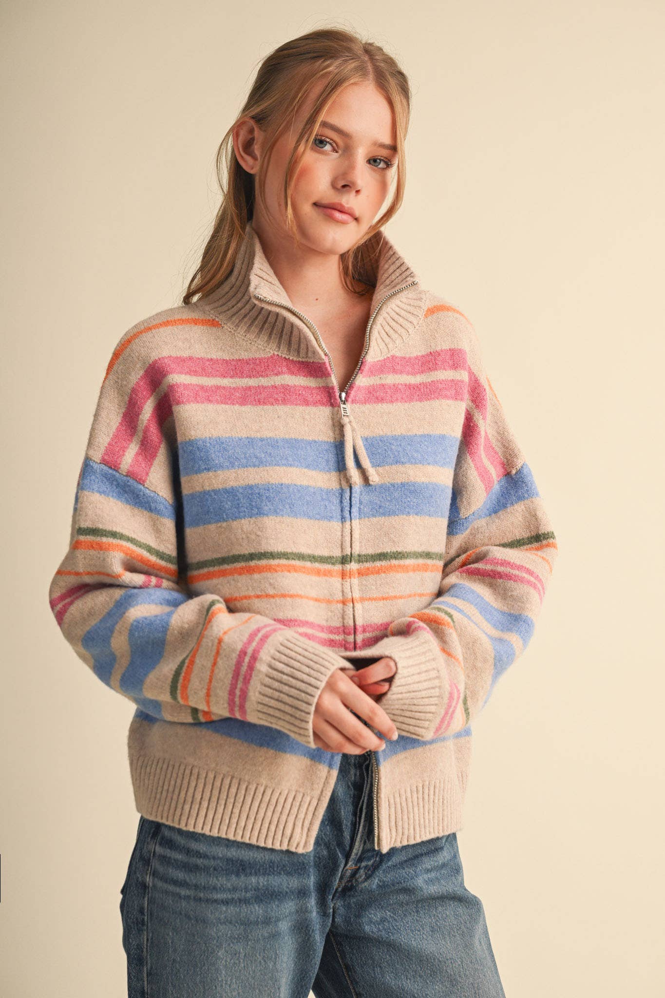 Cream Striped Mock Neck Zip Up Cardigan