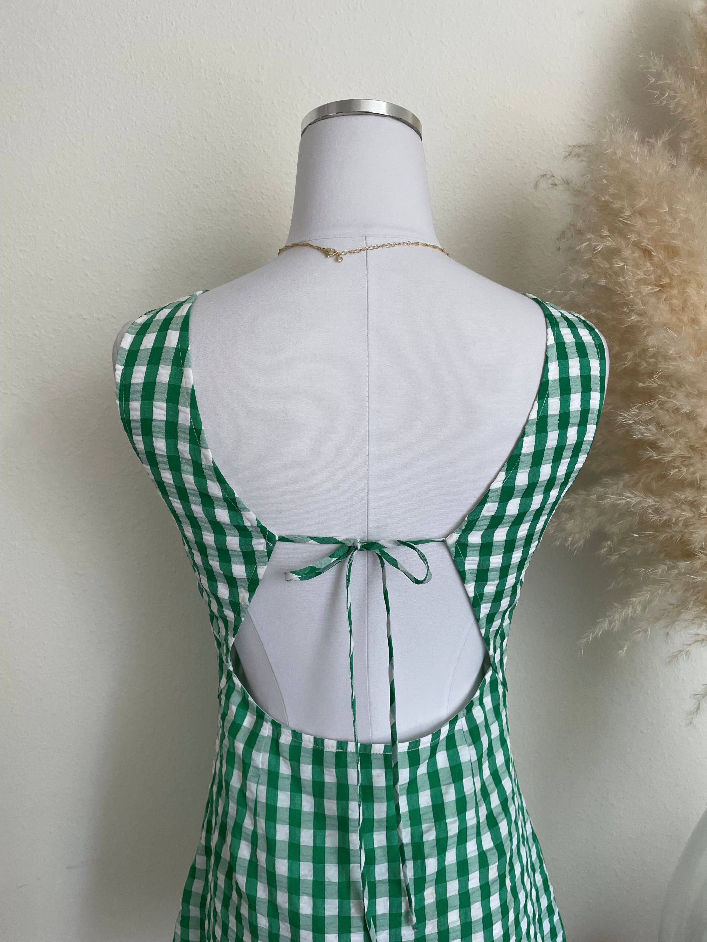 Green Gingham Open Back Dress