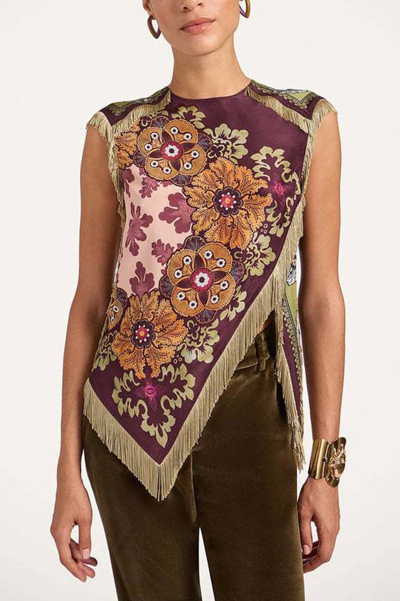 Maroon Fringe Hem Sleeveless Top