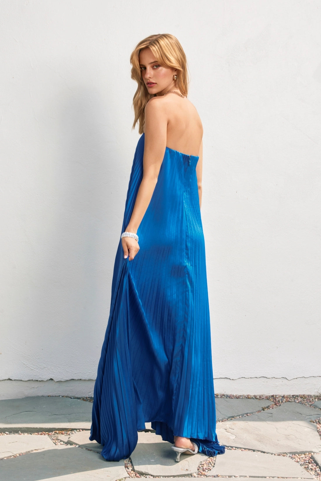 Blue Strapless Pleated Maxi Column Dress
