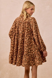 Brown Floral Print Corduroy Dress