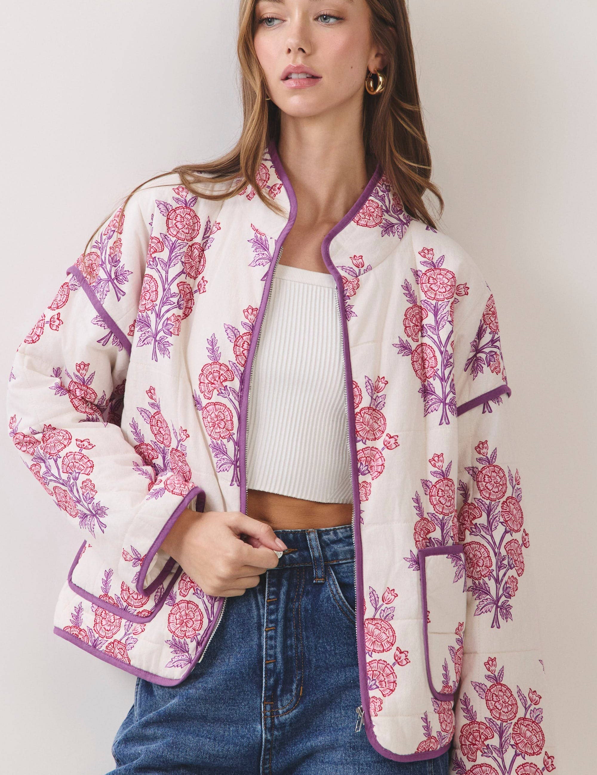 Floral Print Quilted Jacket — long sleeves and drop shoulders