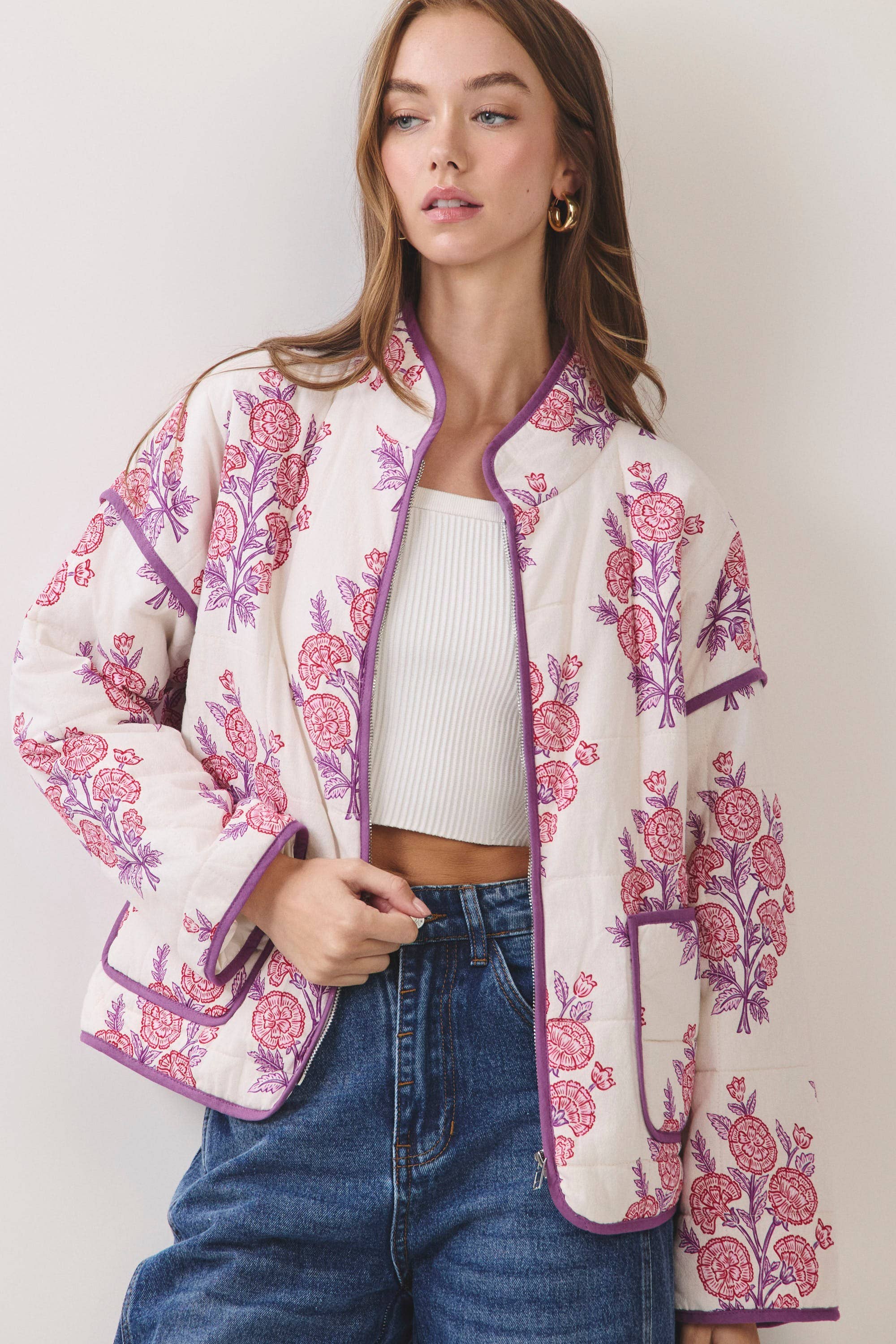Floral Print Quilted Jacket — long sleeves and drop shoulders