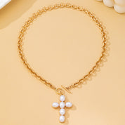 Gold Pearl Cross Toggle Necklace