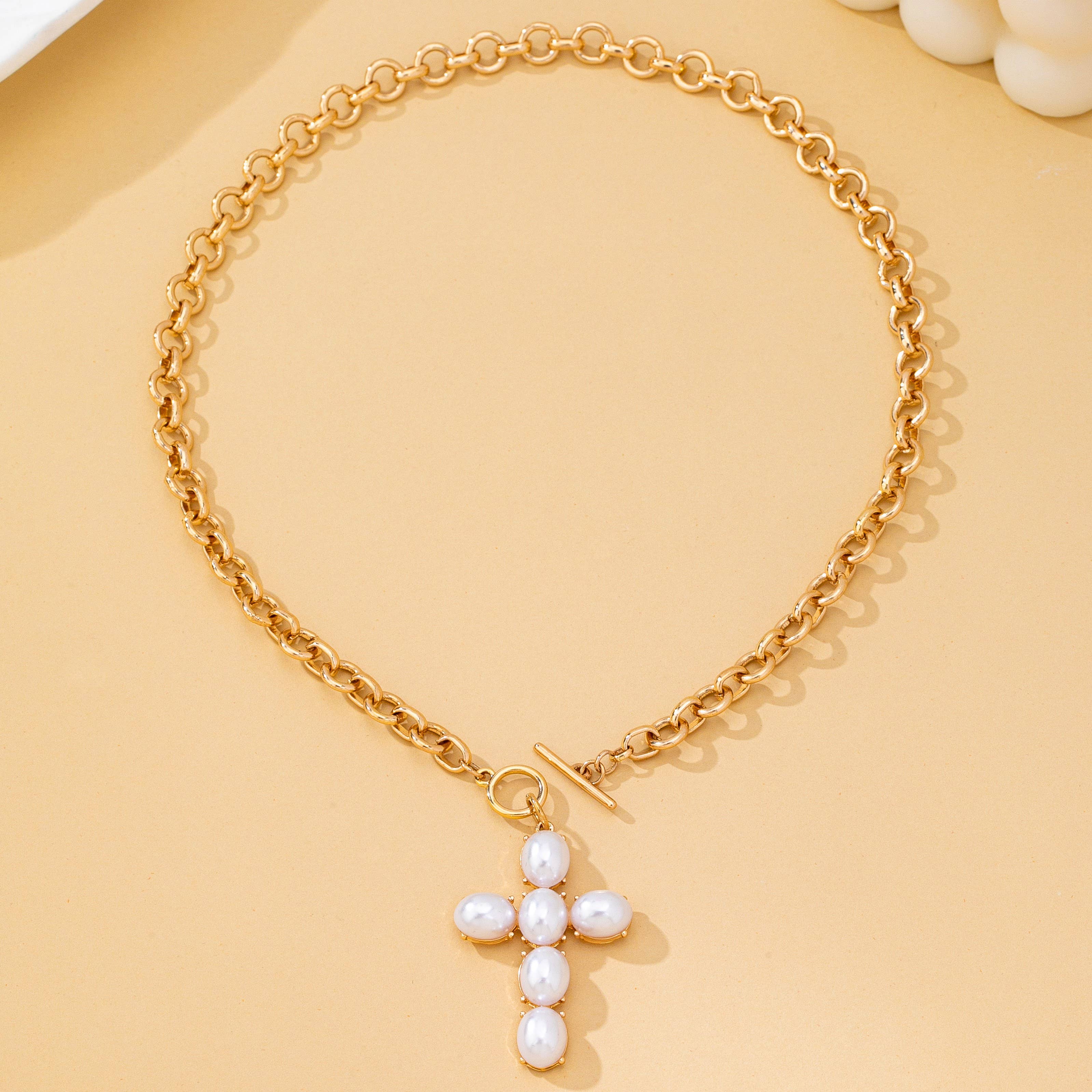 Gold Pearl Cross Toggle Necklace