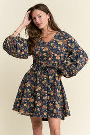 Floral Print Balloon Sleeve Dark Denim Dress