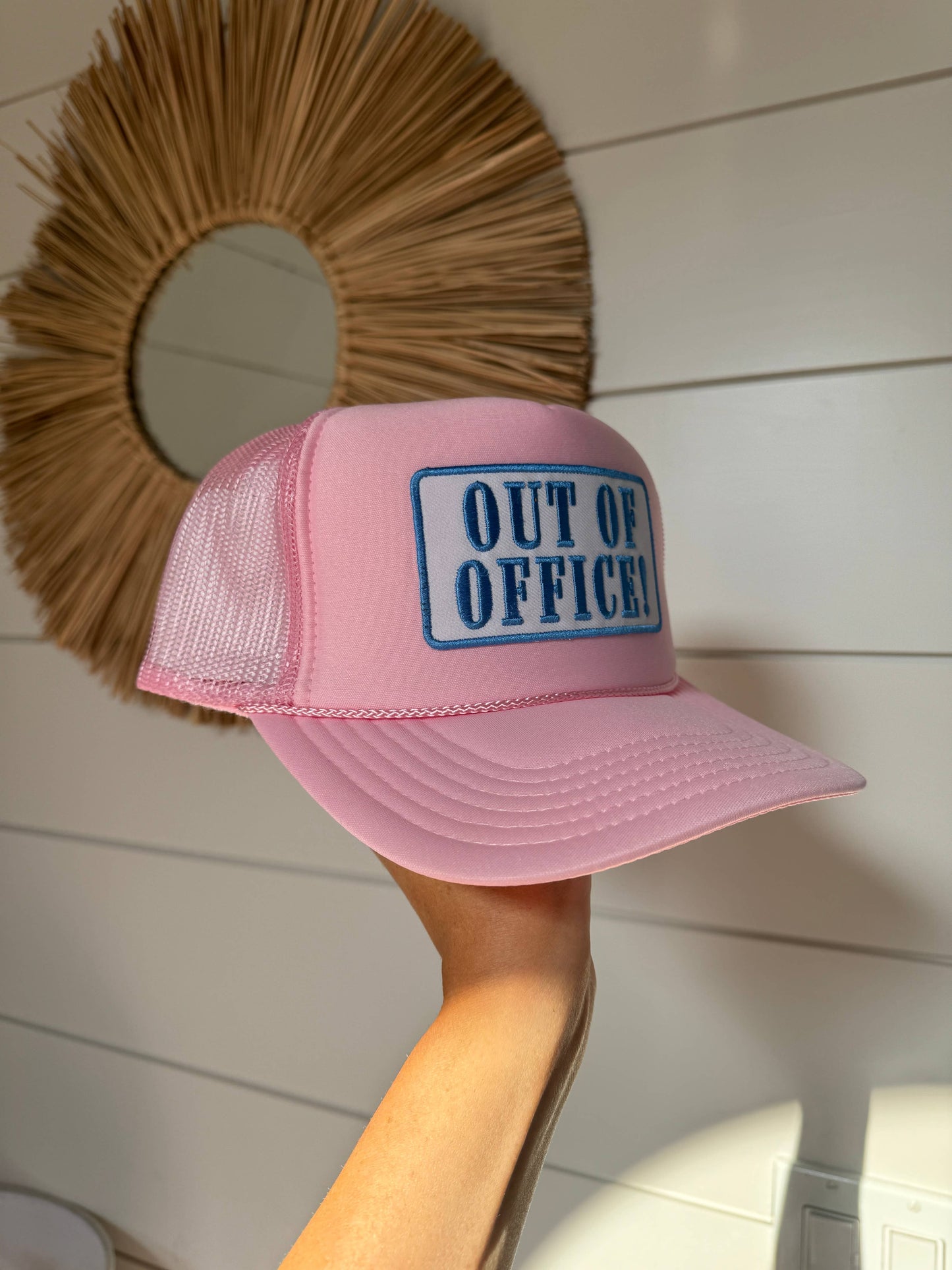 OUT OF OFFICE Patch Trucker Hat | Light Pink