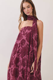 Purple Floral Print Scarf Maxi Dress