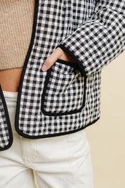 Black Quilted Gingham Jacket showing stand collar