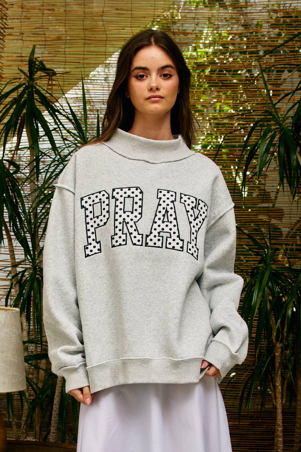Gray Pray Embroidered Mock Neck