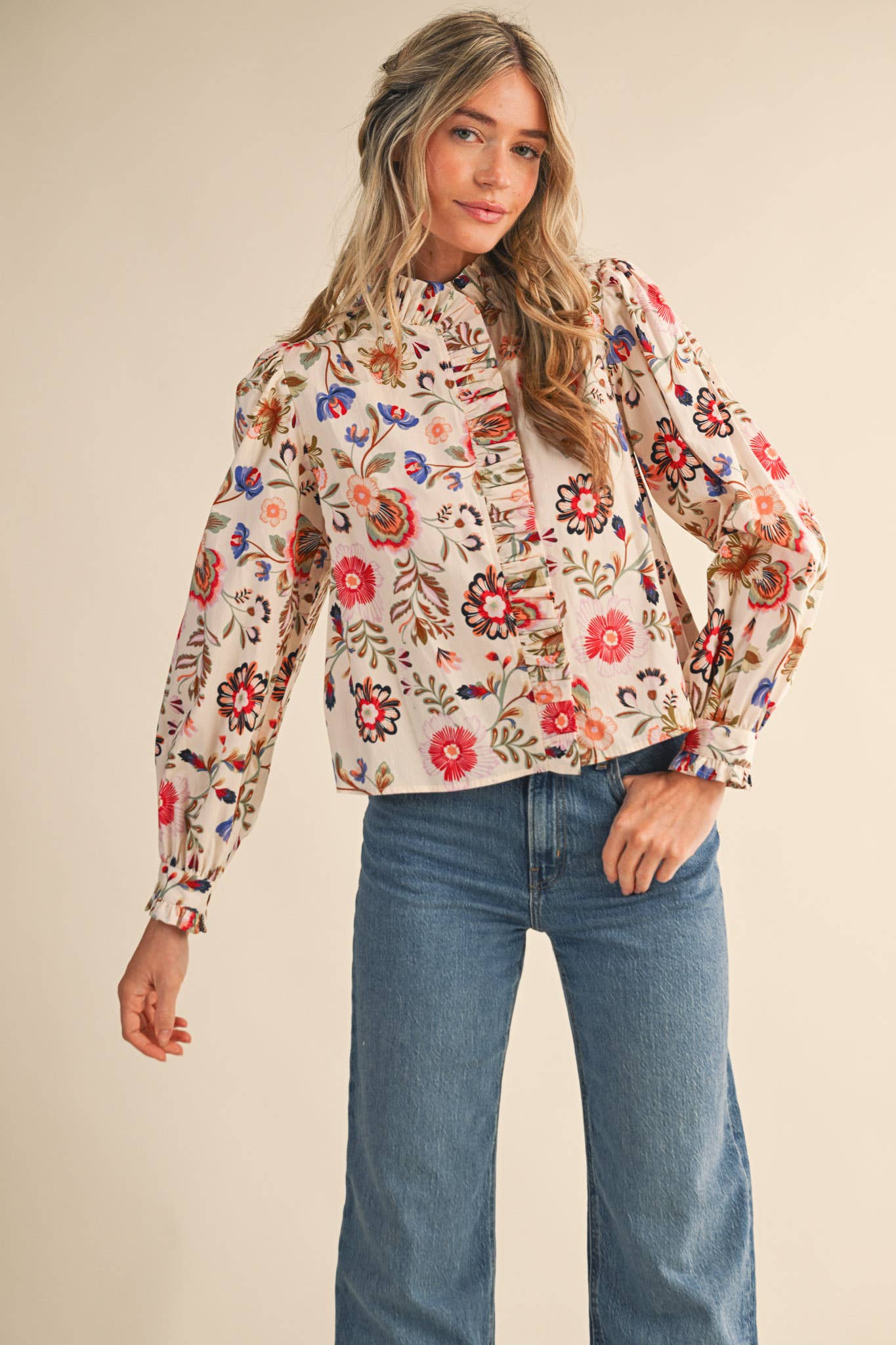 Cream Floral Ruffled Button Down Top