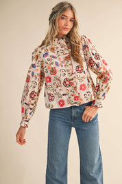 Cream Floral Ruffled Button Down Top