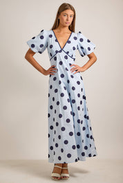 Deep V-neck Maxi Dress With Bubble Sleeves