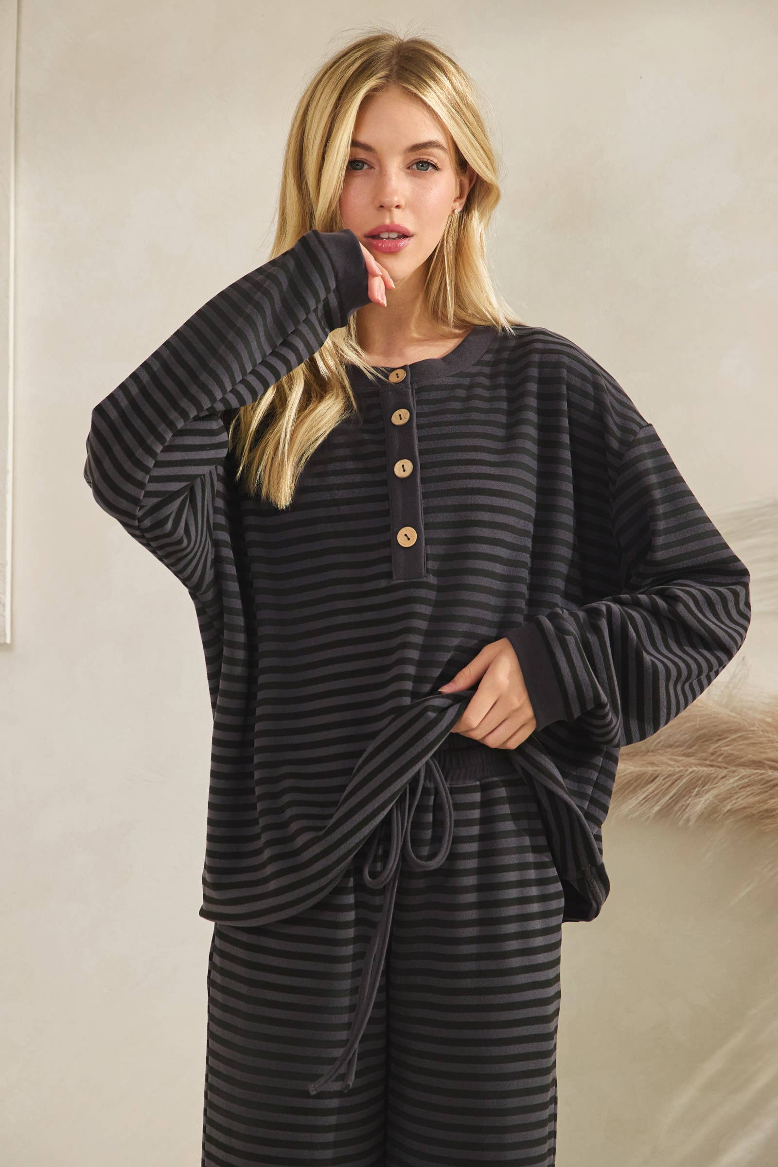 Striped Button Henley Brushed Lounge Set