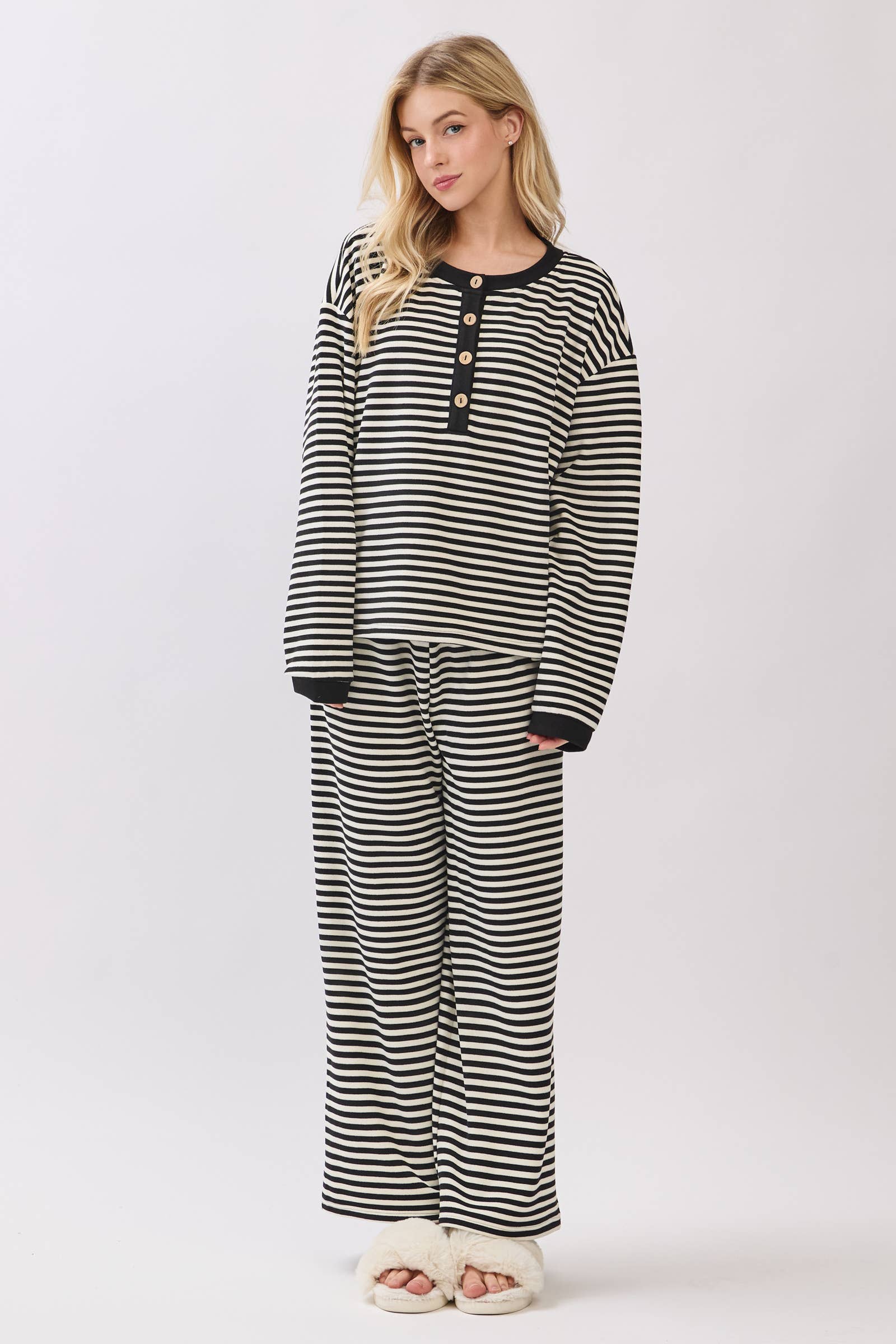 Striped Button Henley Brushed Lounge Set