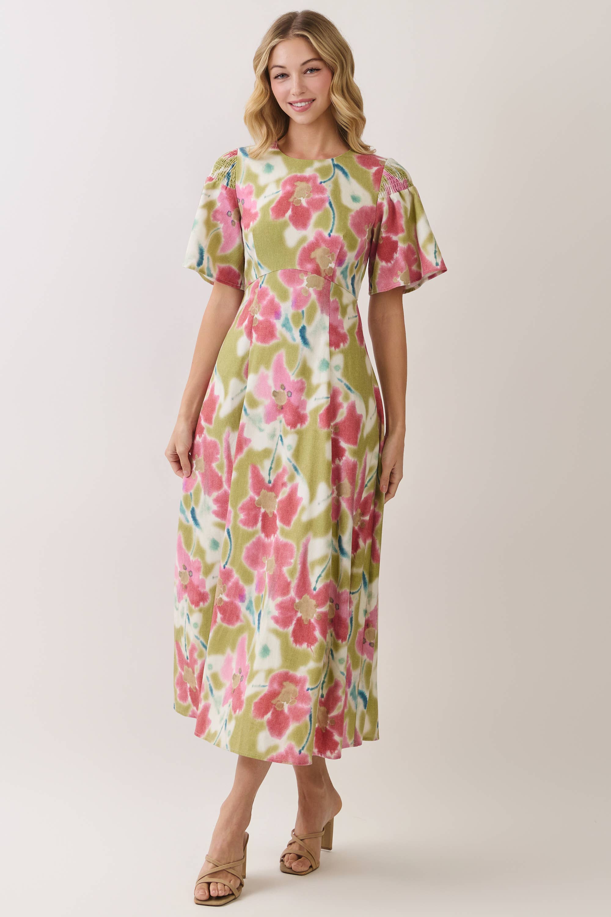 Green Floral Print Smocked Shoulder Midi Dress