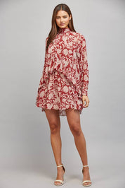 Red Floral Neck Tie Mini Dress