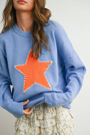 Blue Drop Shoulder Star Pattern Sweater