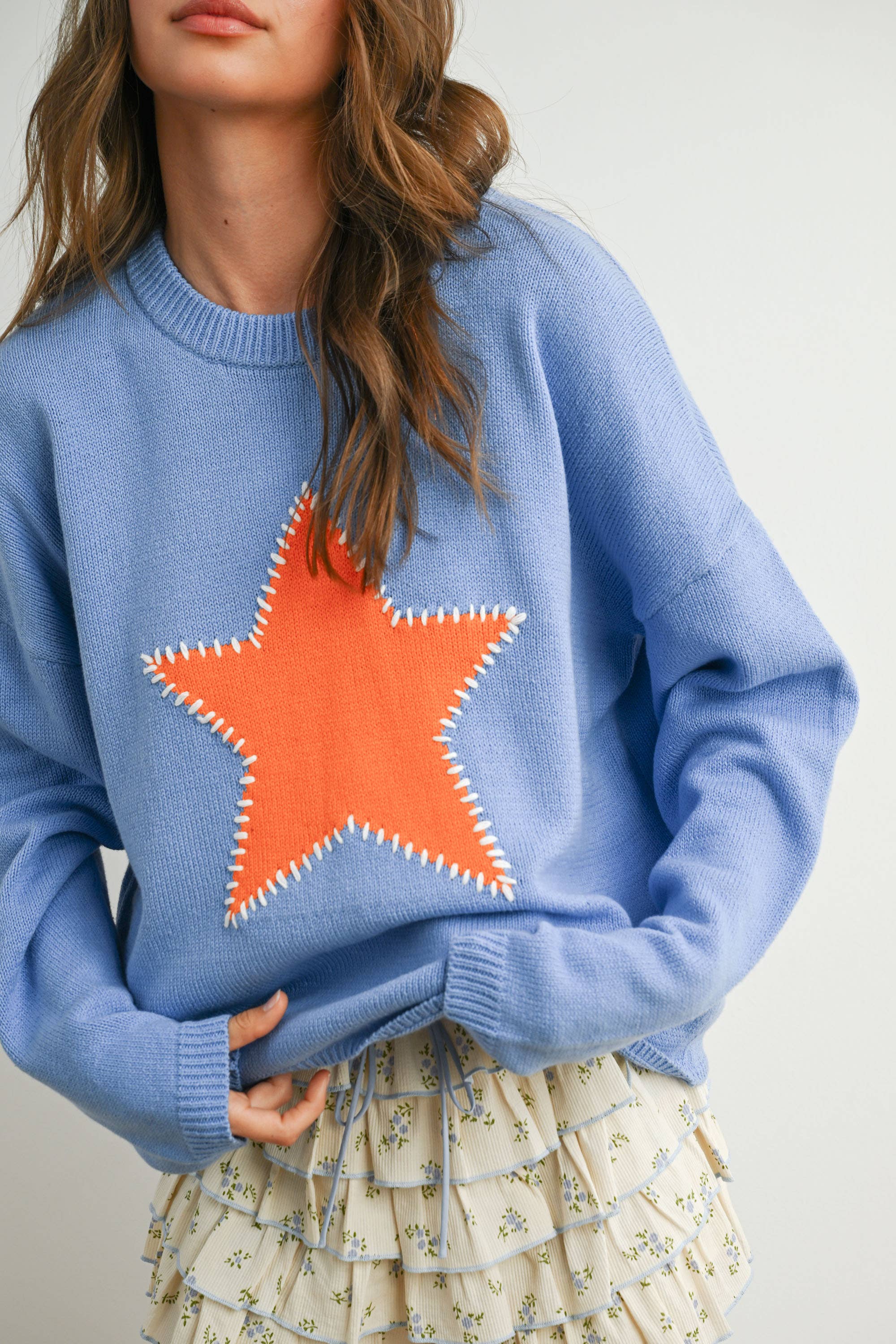 Blue Drop Shoulder Star Pattern Sweater