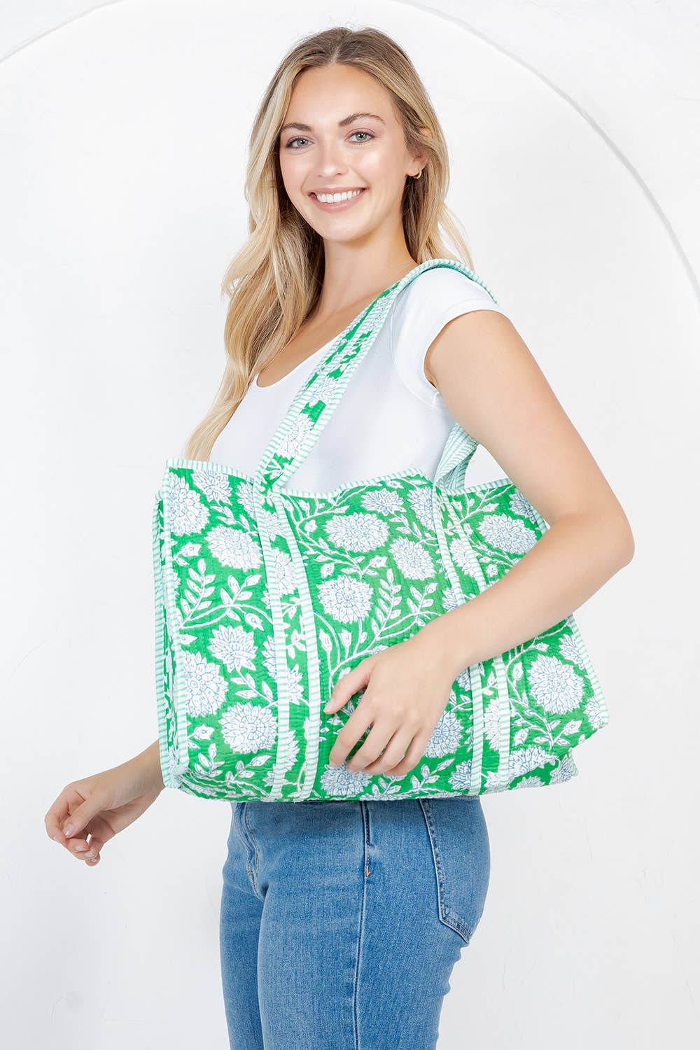 Green Floral Quilted Tote Bag