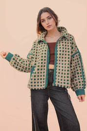 Gray & Green Oversized Checker Fleece Jacket