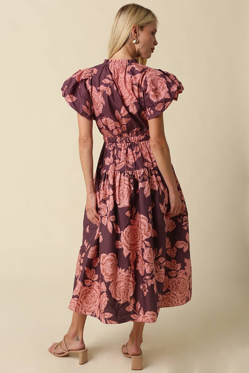 Purple & Pink Bubble Sleeve Floral Midi Dress showing bubble sleeves