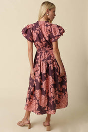 Purple & Pink Bubble Sleeve Floral Midi Dress showing bubble sleeves