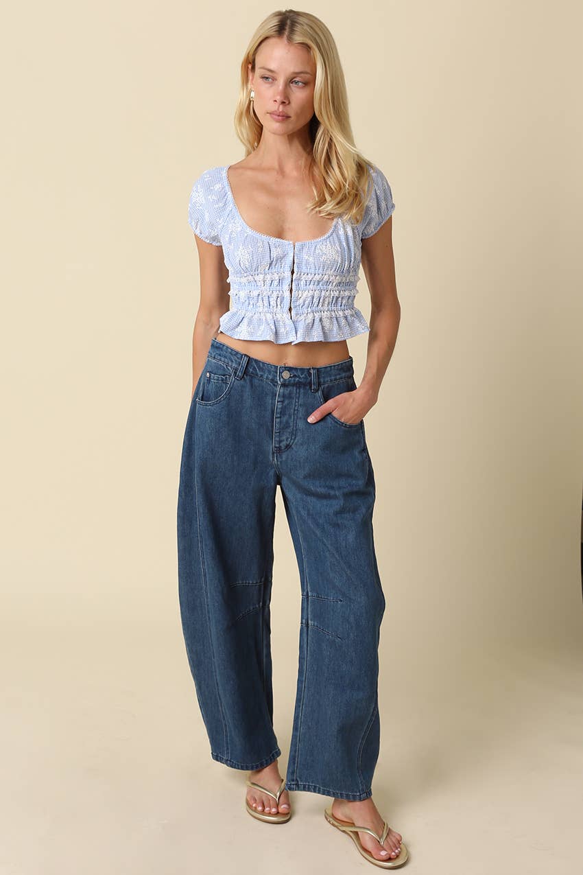 Blue Smocked Ruffle Crop Top