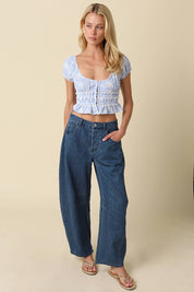 Blue Smocked Ruffle Crop Top