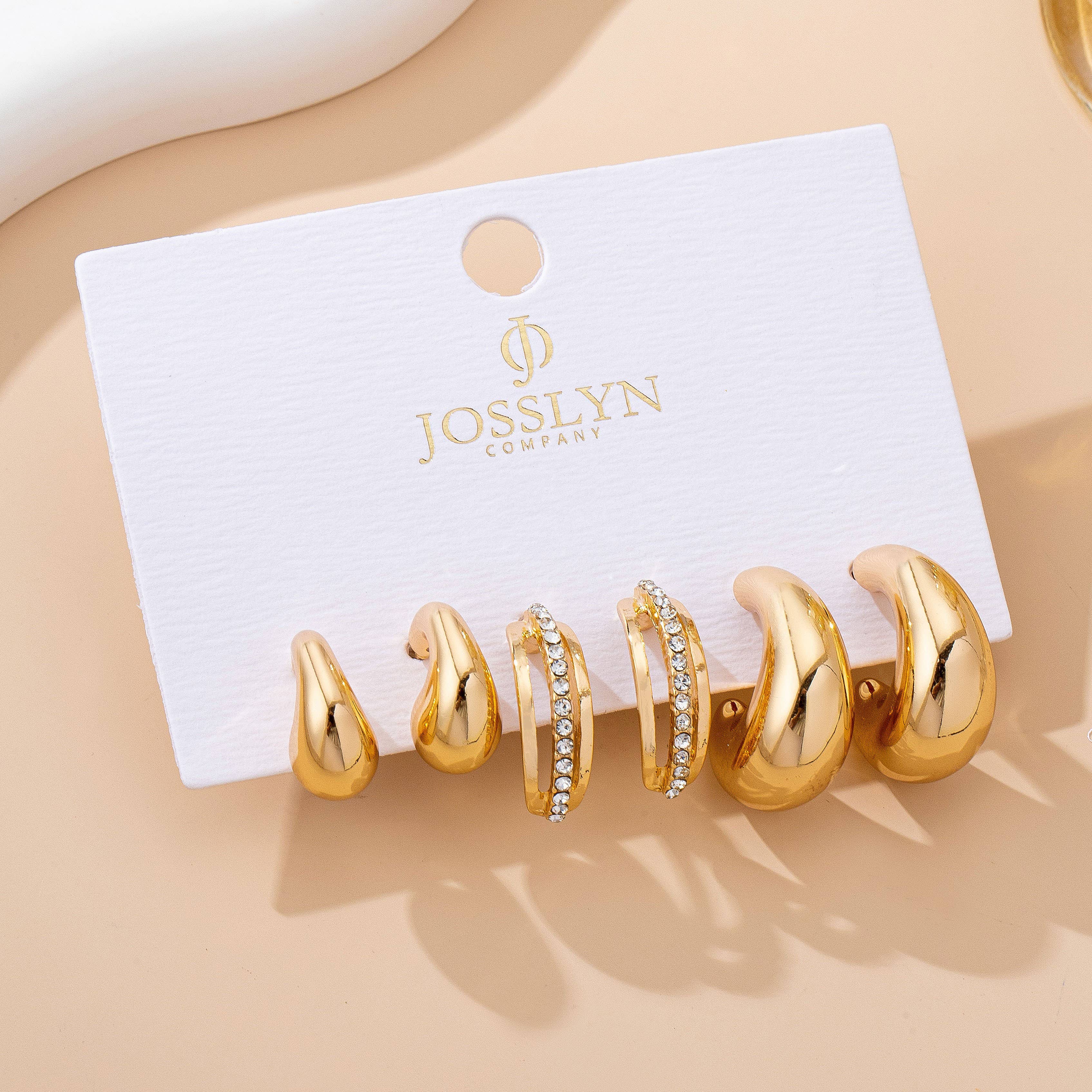 Chunky Hoop Rhinestone Trio Earring Set — length: .5" - .75" and width: .5" - .75"