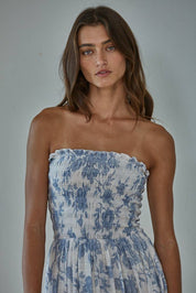 Blue Floral Strapless Midi Dress