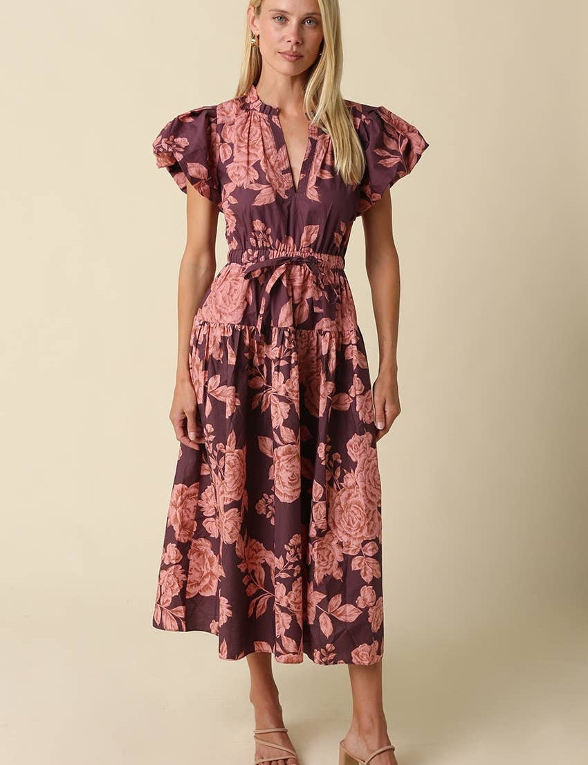 Purple & Pink Bubble Sleeve Floral Midi Dress — floral and v-neckline