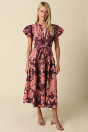 Purple & Pink Bubble Sleeve Floral Midi Dress — floral and v-neckline