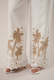 White Palm Tree Embroidered Linen Pants